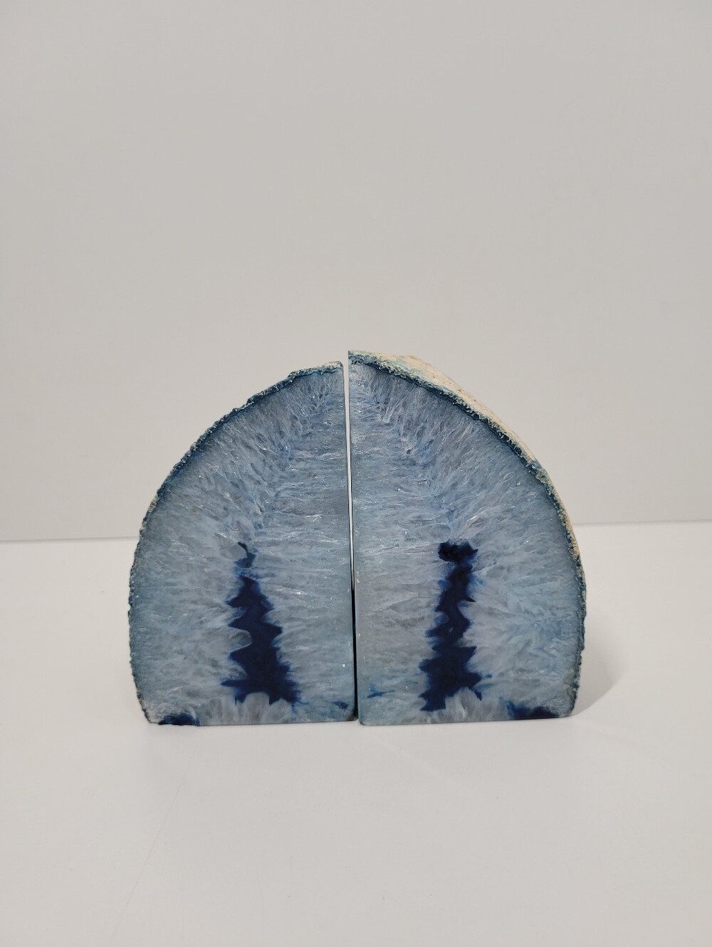 Blue Agate Geode Crystal Bookends Pair (2 Halves) Display Decor Specimens